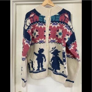 Woolrich Beautiful 100% Wool Handmade Cardigan Sweater With Scenery & Flowers